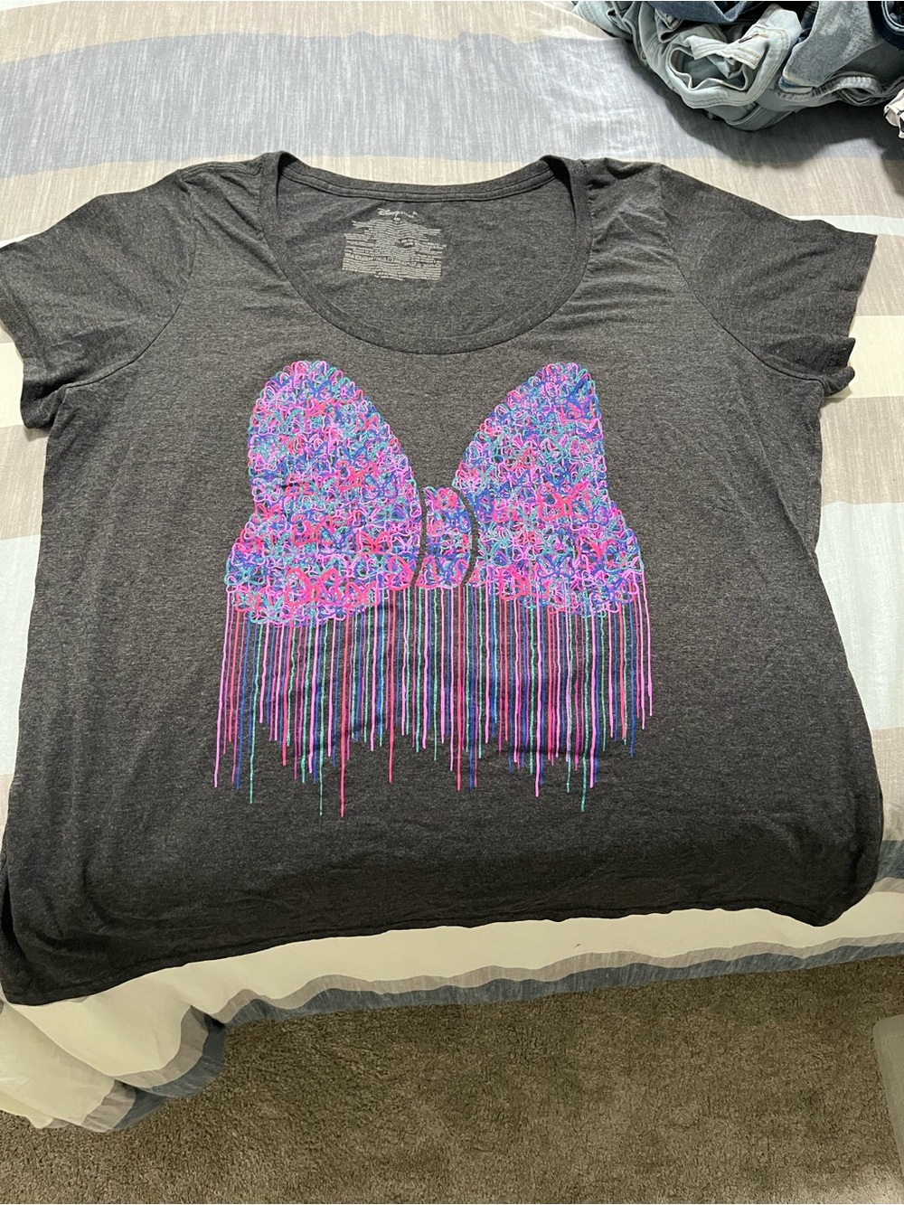 Disney Women’s Dark Gray Graphic Tee with Pink & Purple Bow